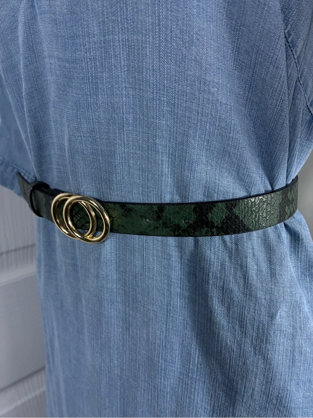 H&M Womens belt sz S Gold Double-Ring Green Snake-Embossed